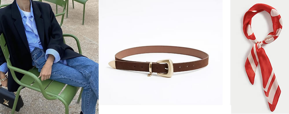 To add colour and personality to your outfits try old printed silk scarves worn as belts or tied at the neck