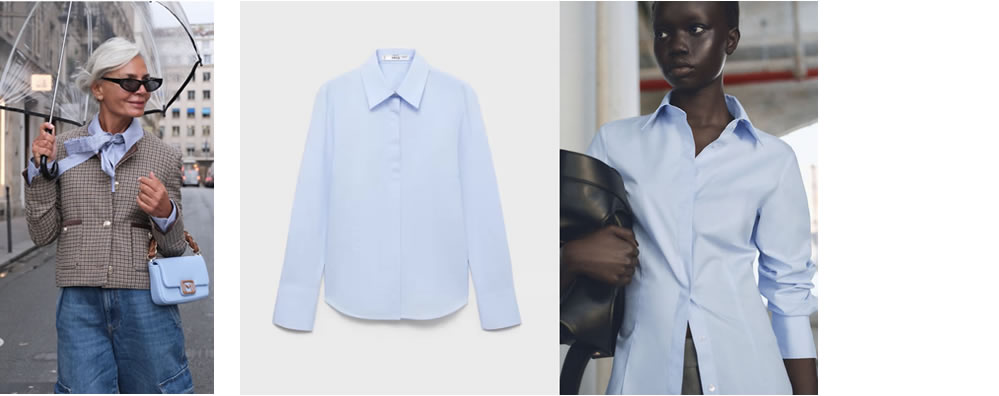 Fashionista Grece Ghanem wearing a blue blouse with a bow, brilliantly styled under a check blazer